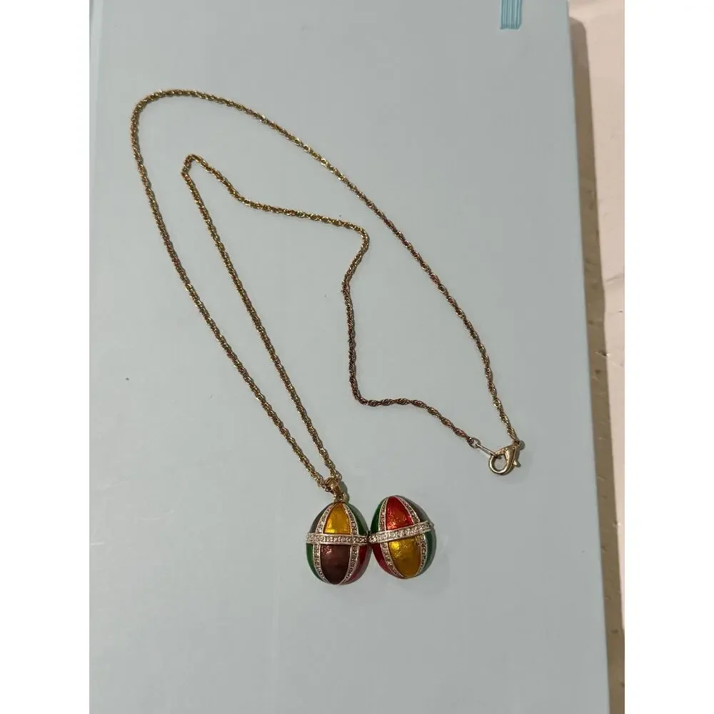 Vintage Joan Rivers Faberge Style Egg Locket Necklace • Gold Tone • Crystal Acc